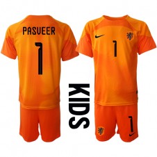 Nederland Remko Pasveer #1 Keeper Bortedraktsett Barn VM 2022 Kortermet (+ korte bukser)